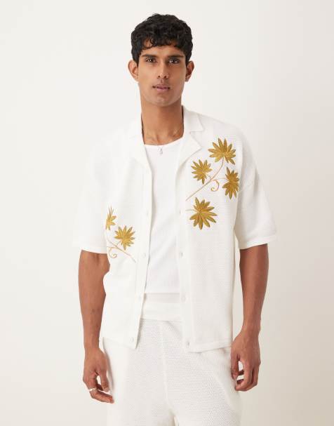ASOS DESIGN relaxed knit button up embroidered shirt in off white - part of a set - view 1