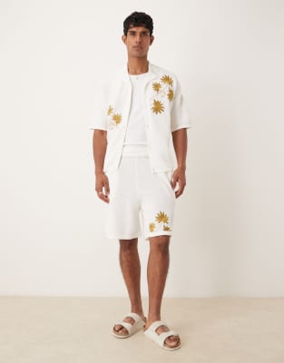 Asos Design Relaxed Knit Button Up Embroidered Shirt In White