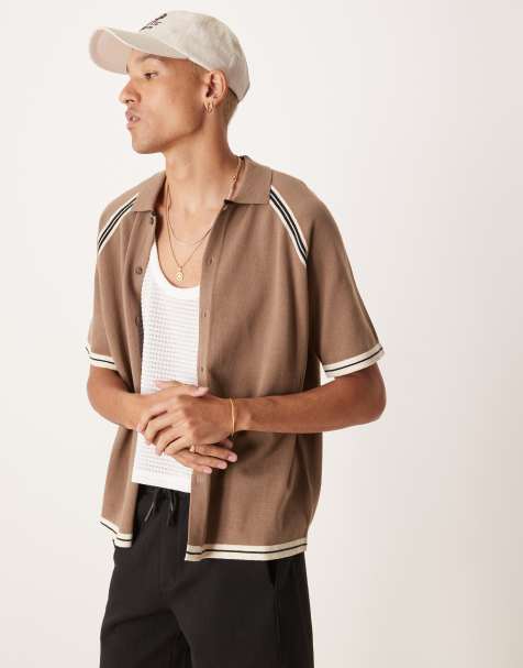 ASOS DESIGN relaxed knit button up polo in brown with contrast tipping - view 1