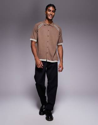 Asos Design Relaxed Knit Button Up Polo In Brown