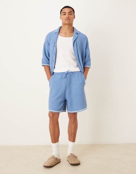 ASOS DESIGN relaxed knit button up polo shirt and shorts set in light blue - view 1