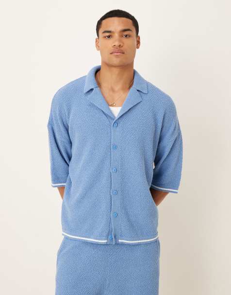 ASOS DESIGN relaxed knitted button through polo shirt co-ord in light blue