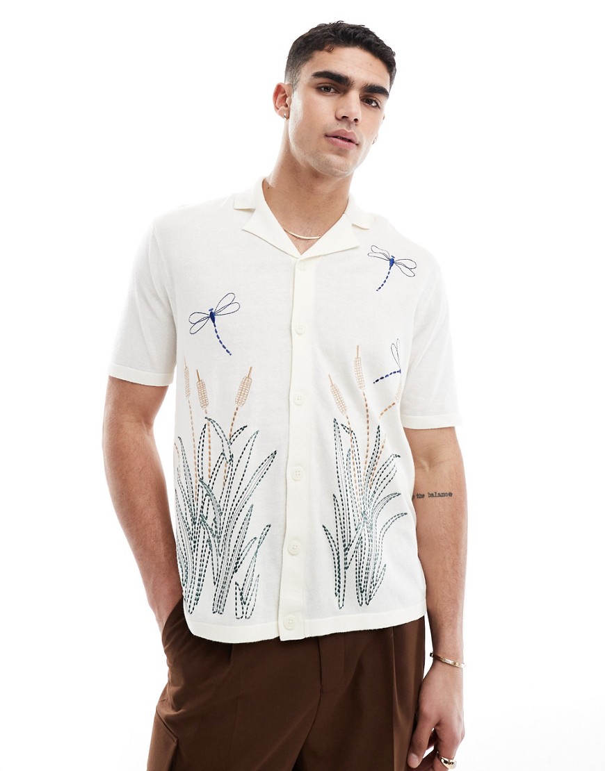 Asos Design Relaxed Knit Button Up Polo With Dragonfly Embroidery In Ecru-white