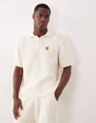 Asos Design Relaxed Knit Cable Polo With Embroidery In White
