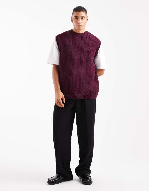  ASOS DESIGN relaxed knit cable tank in burgundy, 2 of 5