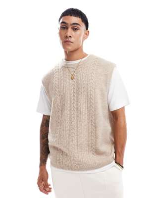 relaxed knit cable tank in oatmeal-White