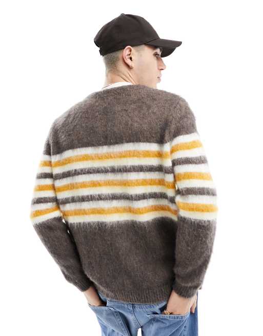 ASOS DESIGN relaxed knit cardigan in brown with yellow and white stripe in fluffy texture, 4 of 4