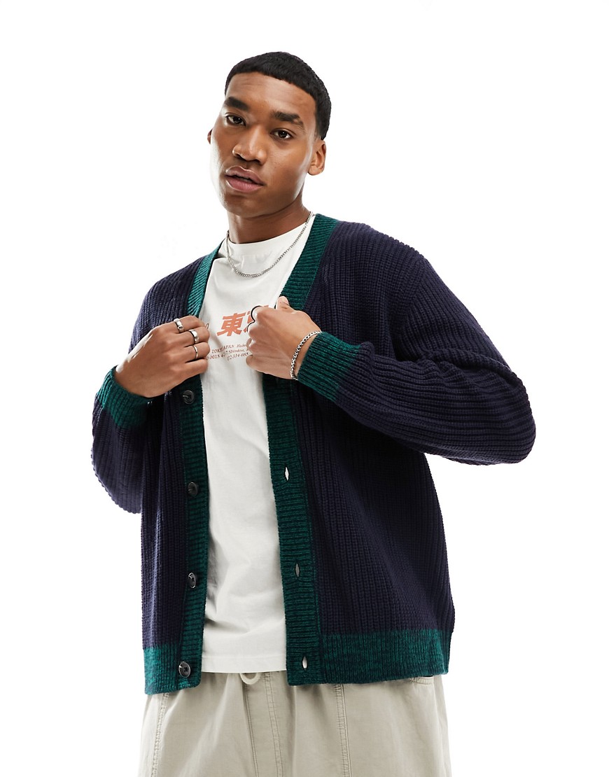 Asos Design Relaxed Knit Cardigan With Contrast Detailing In Navy
