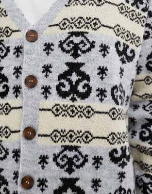 Asos Design Relaxed Knit Cardigan With Fluffy Fairisle Pattern In Gray
