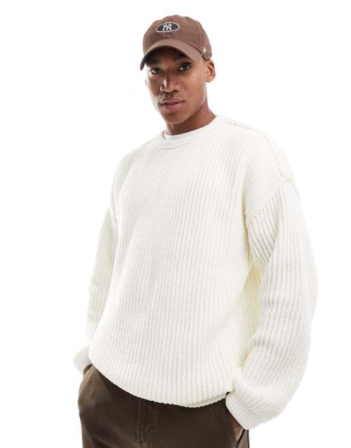 ASOS Design Relaxed Knit Chenille Crew Neck Rib Knit Sweater in cream Neutral