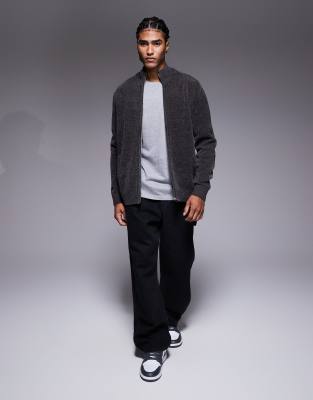 Asos Design Relaxed Knit Chenille Track Jacket In Gray