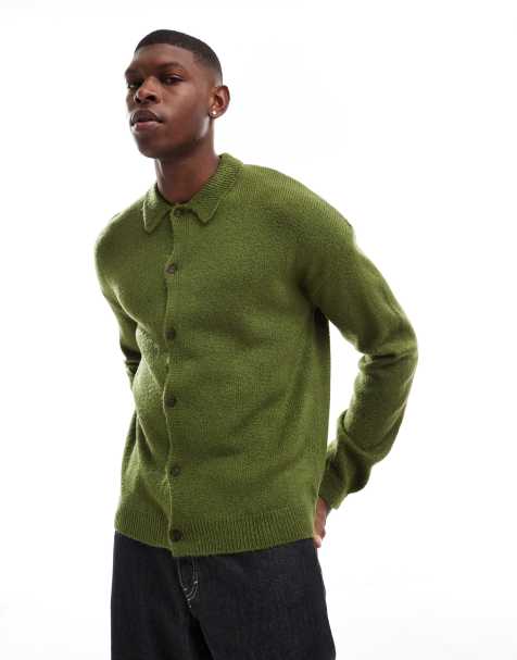 ASOS DESIGN relaxed knit collar cardigan in khaki - view 1