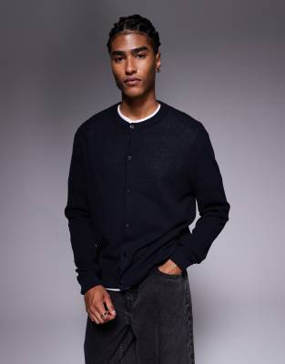 relaxed knit crew cardigan in navy