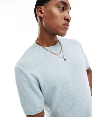 relaxed knit crew neck slubby t-shirt in blue