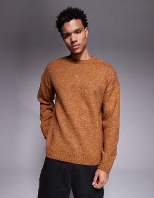 Asos Design Relaxed Knit Crew Neck Sweater In Brown