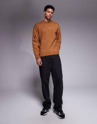 Asos Design Relaxed Knit Crew Neck Sweater In Brown