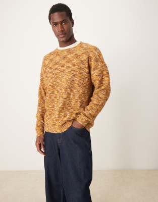 Asos Design Relaxed Knit Crew Neck Sweater In Tan Space Dye-neutral