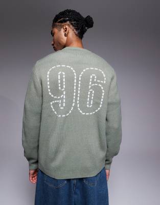 Asos Design Relaxed Knit Crew Neck Sweater With 96 Graphic In Green