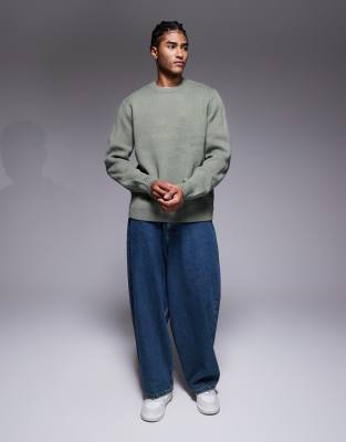 Asos Design Relaxed Knit Crew Neck Sweater With 96 Graphic In Green