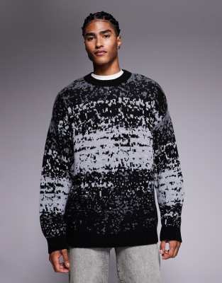 Asos Design Relaxed Knit Crew Neck Sweater With Abstract Pattern In Black