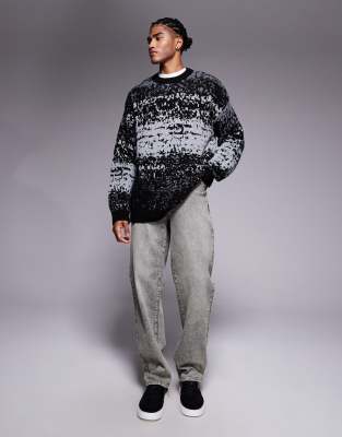 Asos Design Relaxed Knit Crew Neck Sweater With Abstract Pattern In Black