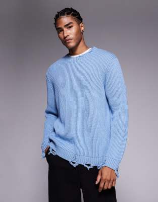 Asos Design Relaxed Knit Crew Neck Sweater With Raw Edge In Blue
