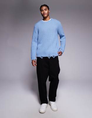 Asos Design Relaxed Knit Crew Neck Sweater With Raw Edge In Blue