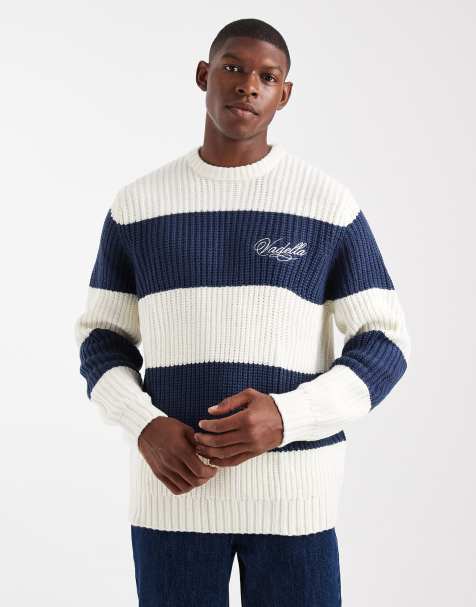 ASOS DESIGN relaxed knit crew neck sweater with Vadella embroidery in navy and ecru stripe - view 1