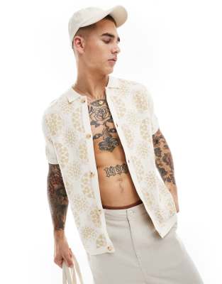Asos Design Relaxed Knit Crochet Button Up Polo In Ecru And Pink-neutral