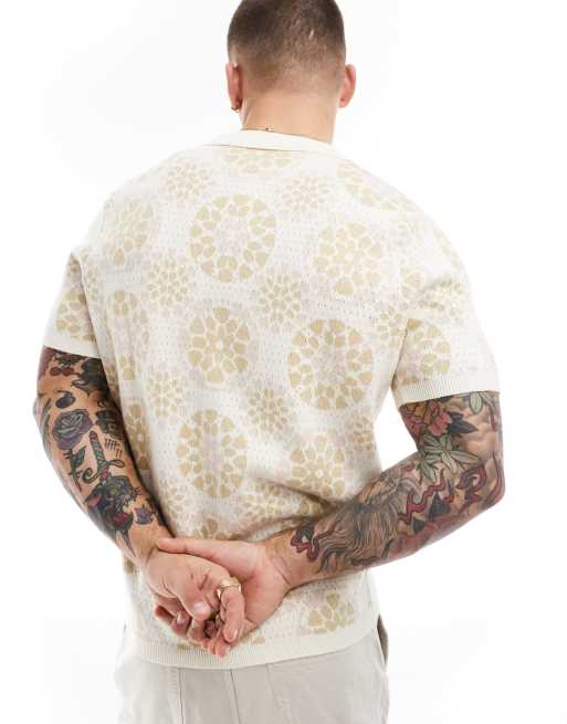ASOS DESIGN relaxed knit crochet button up polo in ecru and pink