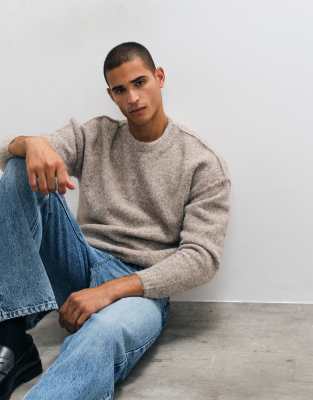 Asos Design Relaxed Knit Exposed Crew Neck Sweater In Neutral