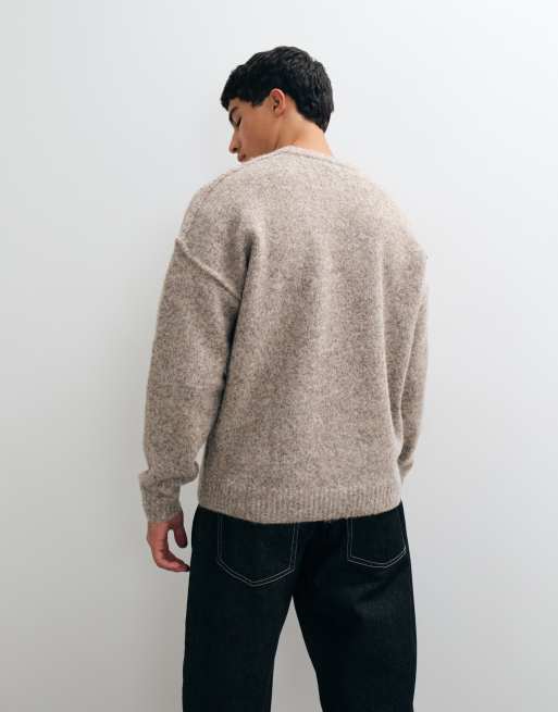 ASOS DESIGN relaxed knit exposed crew neck sweater in taupe, 5 of 5