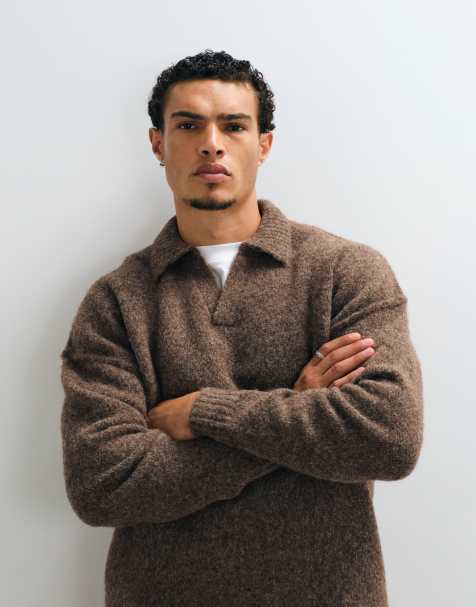 ASOS DESIGN relaxed knit exposed seam notch neck sweater in brown - view 1