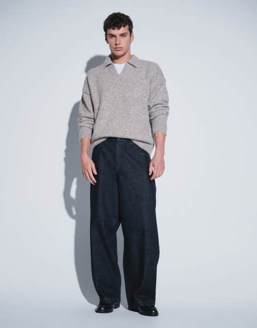 ASOS DESIGN relaxed knit exposed seams notch neck sweater in taupe, 4 of 5