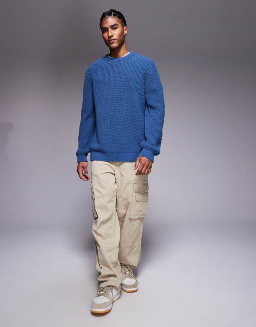 ASOS DESIGN relaxed knit fisherman ribbed sweater in blue, 2 of 5