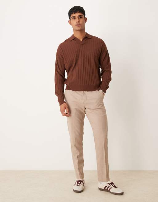 ASOS DESIGN relaxed knit fit long sleeve ribbed notch neck polo in brown , 2 of 4