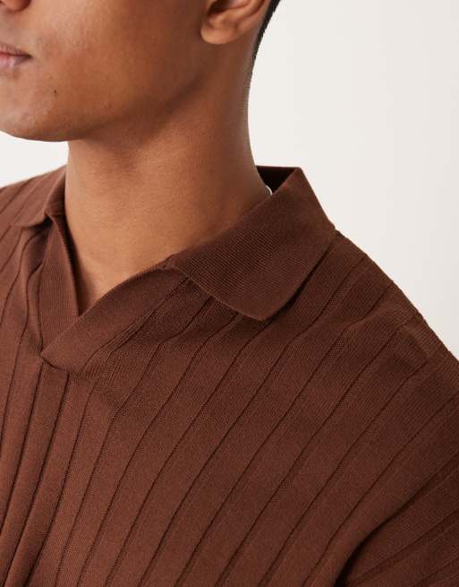 ASOS DESIGN relaxed knit fit long sleeve ribbed notch neck polo in brown , 3 of 4