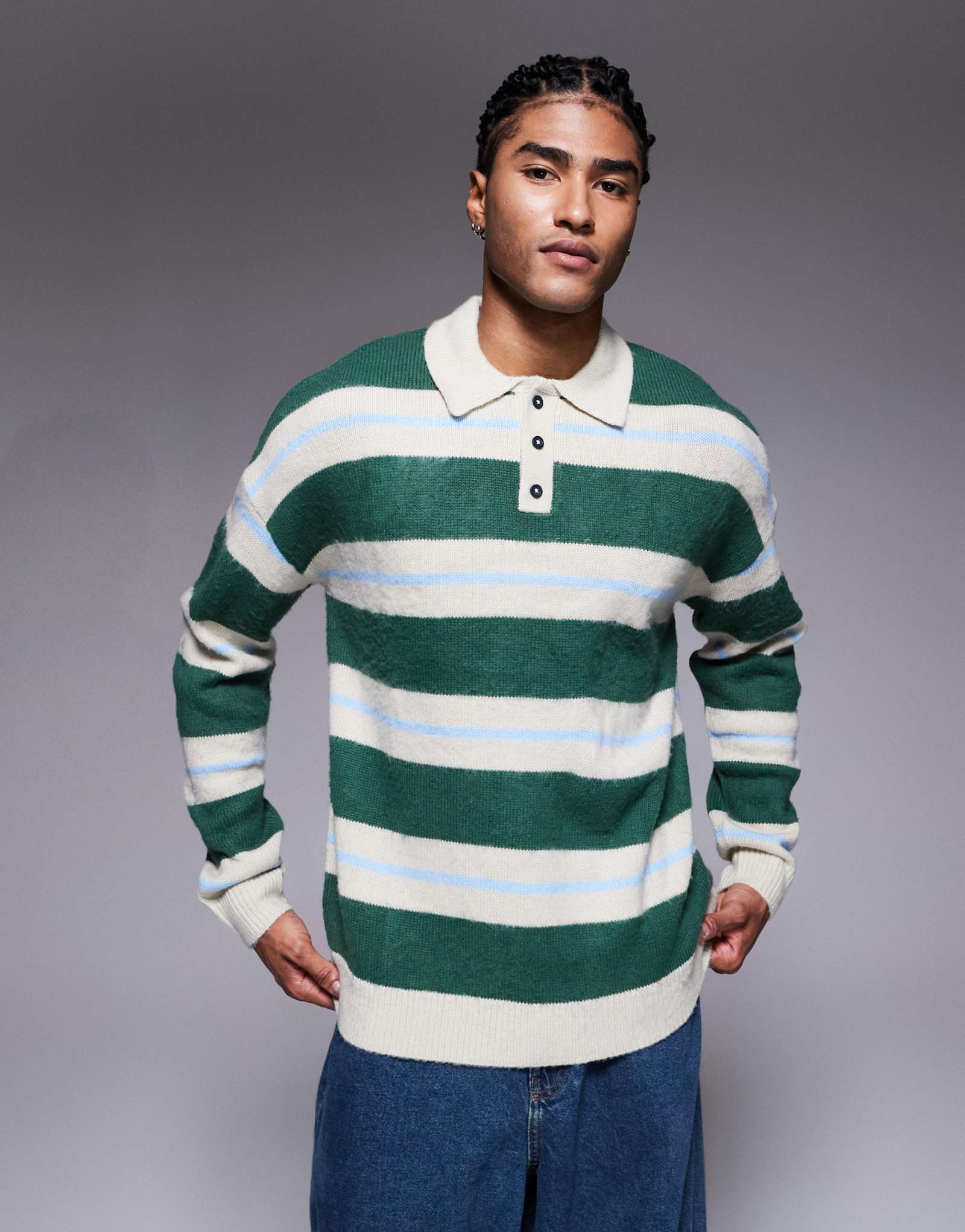 Пушистый свитер поло непринужденной вязки в синюю и зеленую полоску от ASOS DESIGN