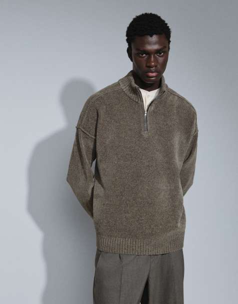 ASOS DESIGN relaxed knit half zip funnel neck sweater in olive - view 1