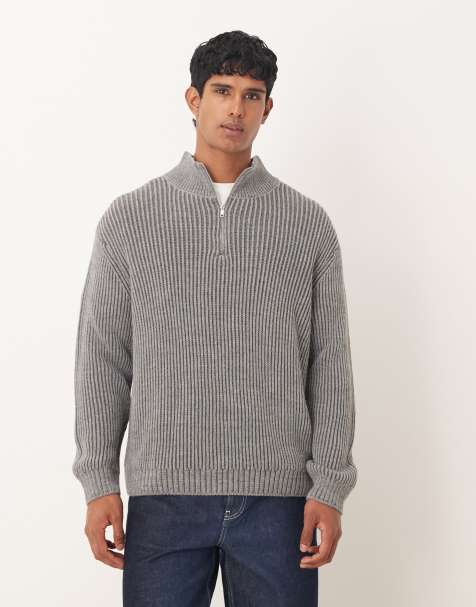 ASOS DESIGN relaxed knit half zip ribbed sweater in gray - view 1
