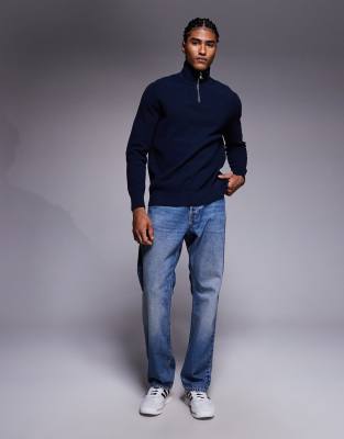 Asos Design Relaxed Knit Half Zip Sweater In Blue