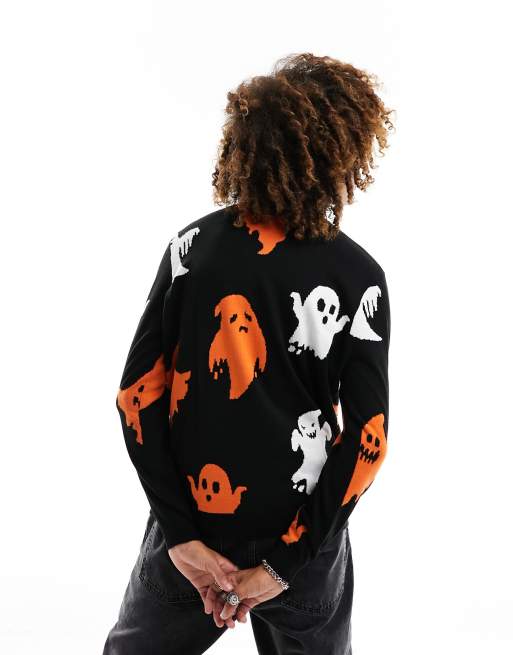 ASOS DESIGN relaxed knit Halloween sweater with ghosts in black | ASOS