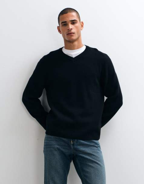 ASOS DESIGN relaxed knit high v-neck sweater in black - view 1