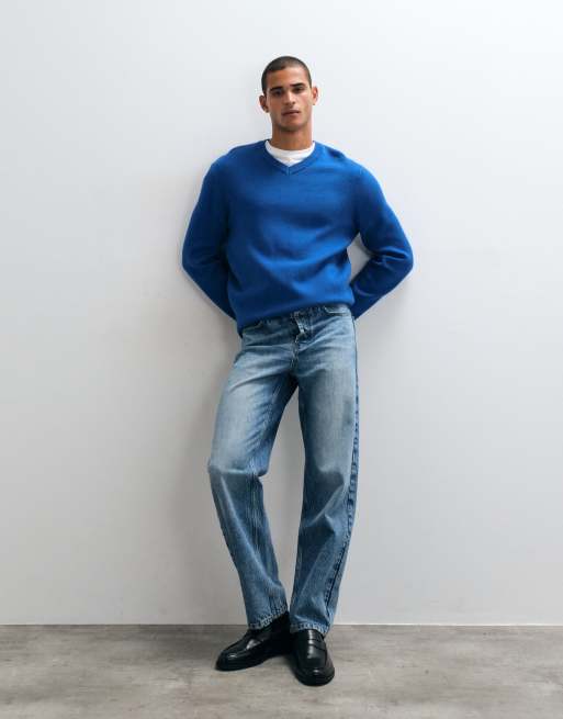 ASOS DESIGN relaxed knit high v-neck sweater in blue, 2 of 5