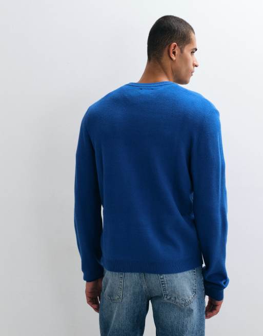 ASOS DESIGN relaxed knit high v-neck sweater in blue, 4 of 5