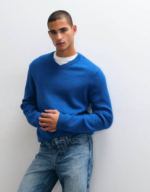 ASOS DESIGN relaxed knit high v-neck sweater in blue, 5 of 5