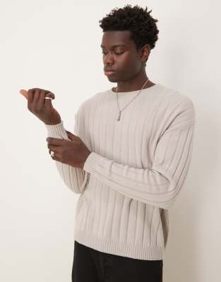 Asos Design Relaxed Knit Lambswool Mix Wide Ribbed Sweater In Light Gray