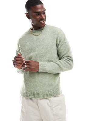 Asos Design Relaxed Knit Lightweight Sweater In Sage Green Boucle Texture