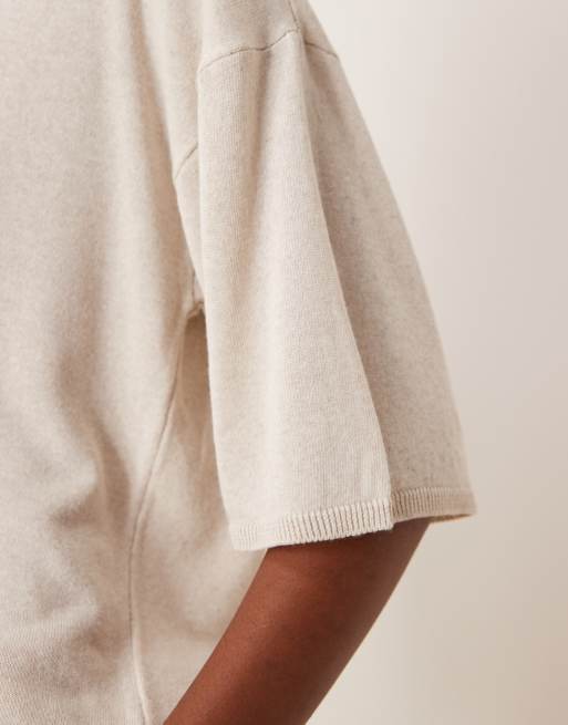 ASOS DESIGN relaxed knit linen mix t-shirt in stone, 2 of 4