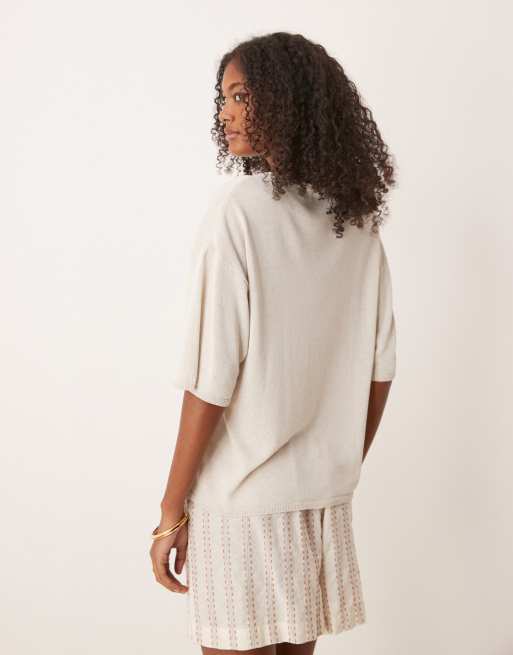 ASOS DESIGN relaxed knit linen mix t-shirt in stone, 3 of 4